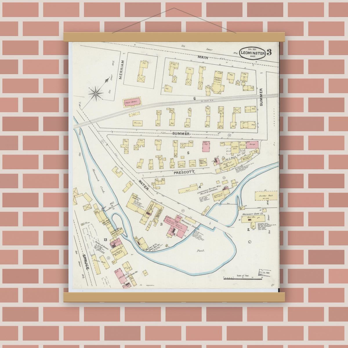 Old map wall art mockup — magnetic wood frame on brick wall — Sanborn Fire Insurance Map from Leominster, Worcester County, Massachusetts (1891), Sheet #0003