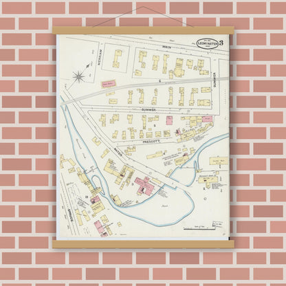 Old map wall art mockup — magnetic wood frame on brick wall — Sanborn Fire Insurance Map from Leominster, Worcester County, Massachusetts (1891), Sheet #0003