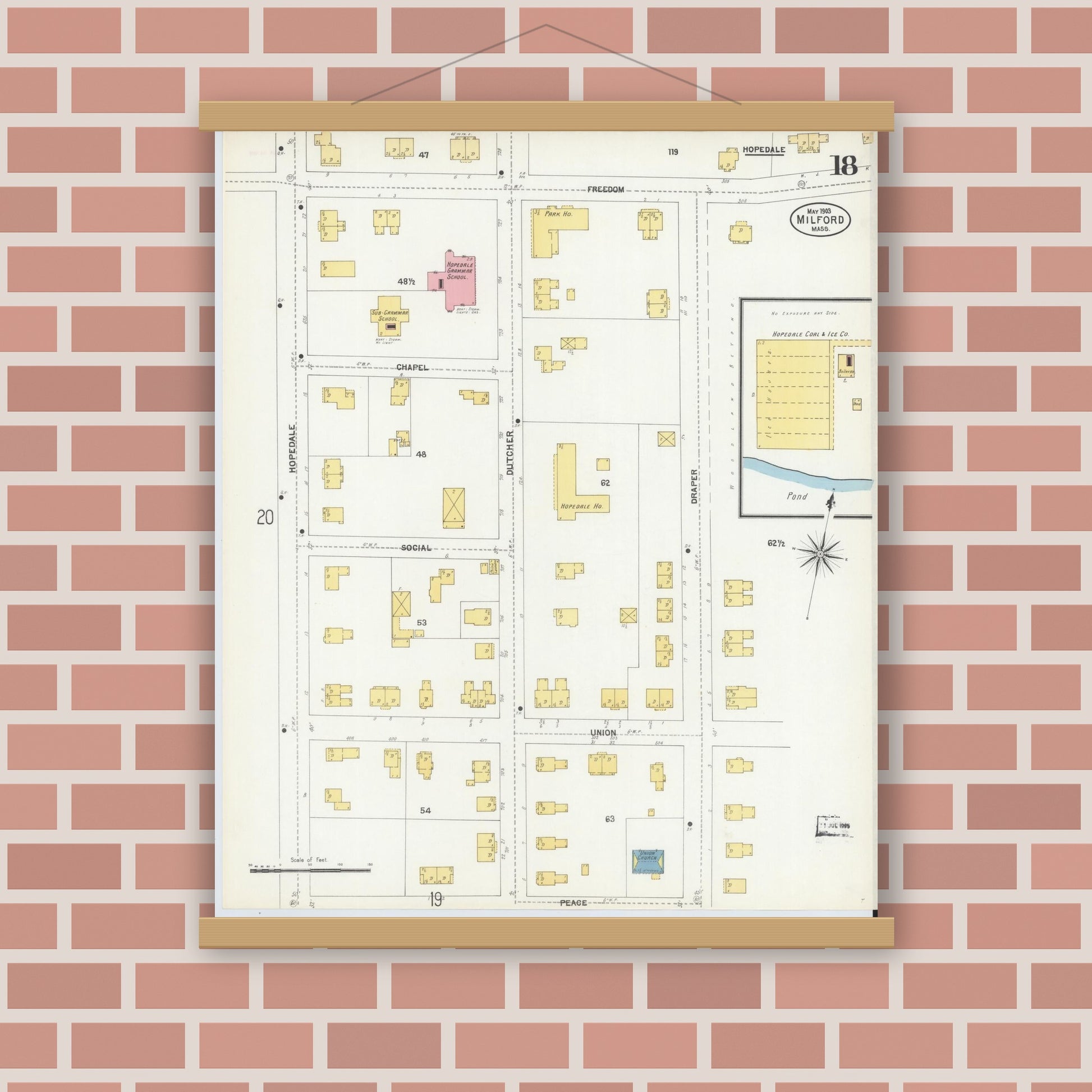 Old map wall art mockup — magnetic wood frame on brick wall — Sanborn Fire Insurance Map from Milford, Worcester County, Massachusetts (1903), Sheet #0018