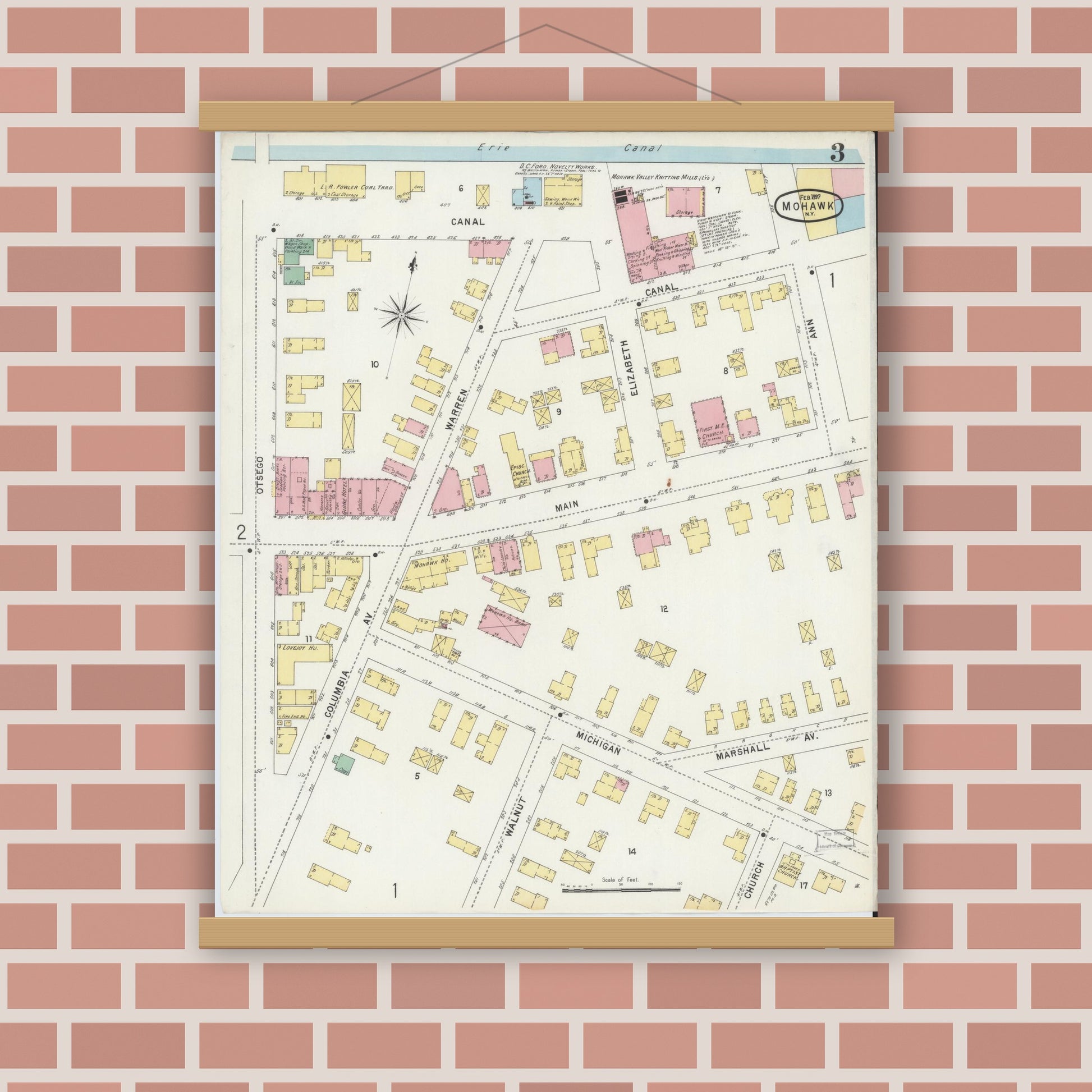 Old map wall art mockup — magnetic wood frame on brick wall — Sanborn Fire Insurance Map from Mohawk, Herkimer County, New York (1897), Sheet #0003