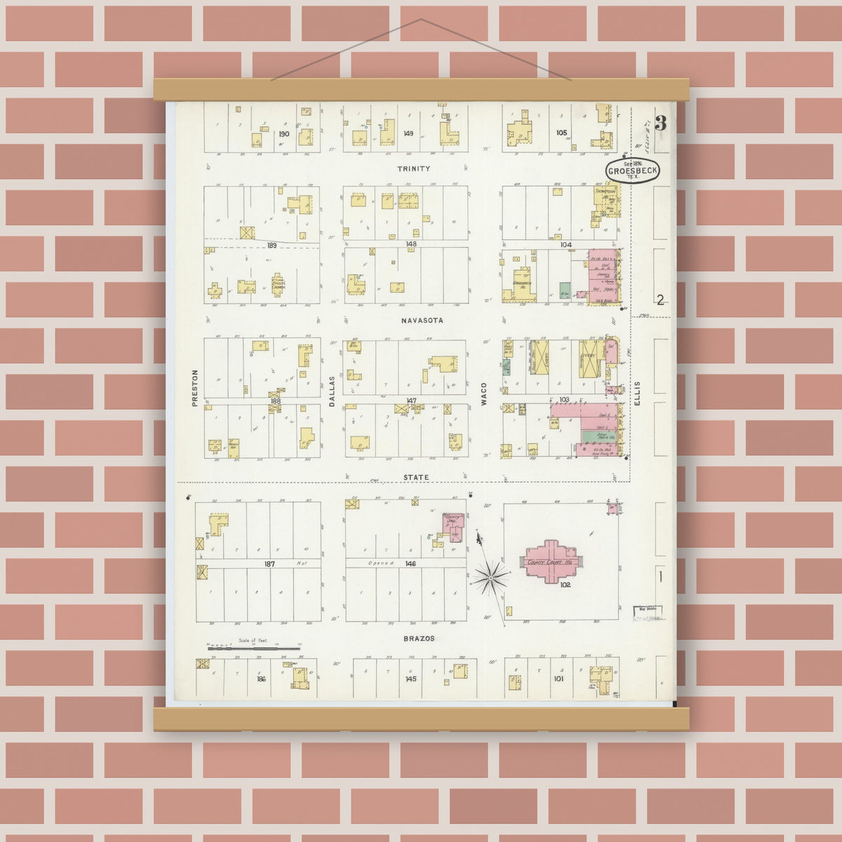Old map wall art mockup — magnetic wood frame on brick wall — Sanborn Fire Insurance Map from Groesbeck, Limestone County, Texas (1896), Sheet #0003