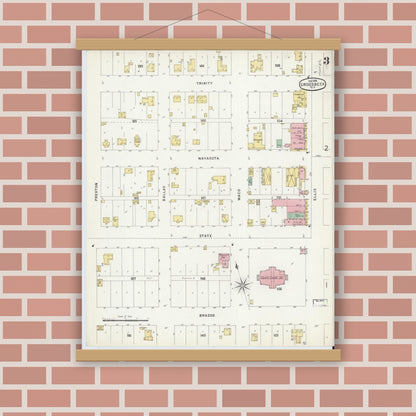 Old map wall art mockup — magnetic wood frame on brick wall — Sanborn Fire Insurance Map from Groesbeck, Limestone County, Texas (1896), Sheet #0003
