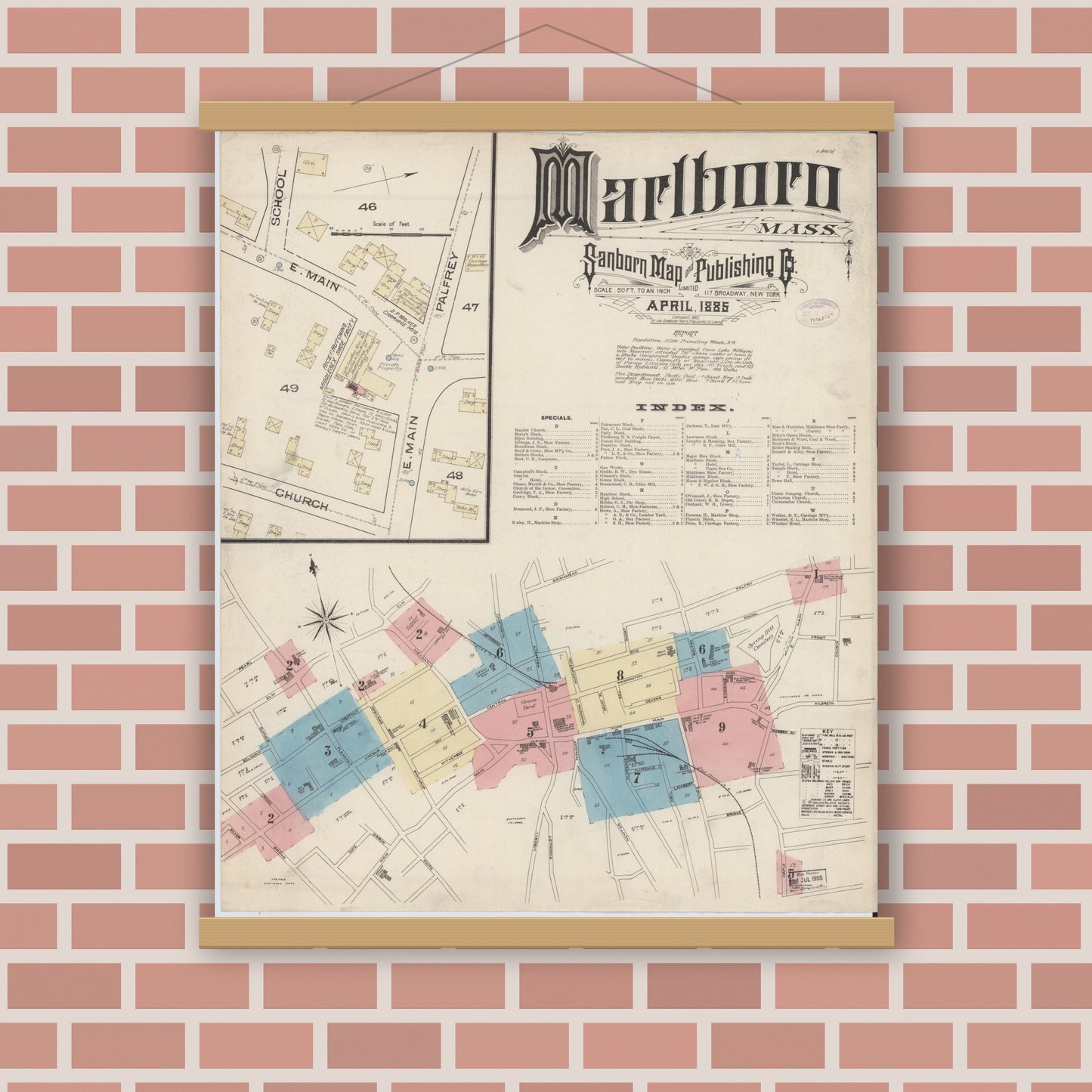 Old map wall art mockup — magnetic wood frame on brick wall — Sanborn Fire Insurance Map from Marlborough, Middlesex County, Massachusetts (1885), Sheet #0001