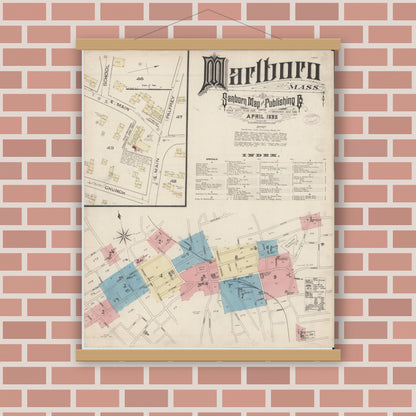 Old map wall art mockup — magnetic wood frame on brick wall — Sanborn Fire Insurance Map from Marlborough, Middlesex County, Massachusetts (1885), Sheet #0001