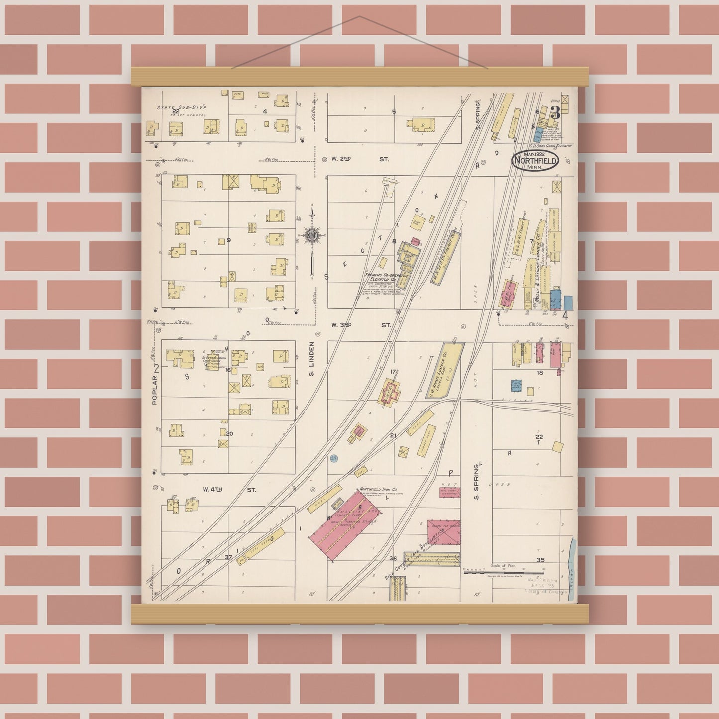 Old map wall art mockup — magnetic wood frame on brick wall — Sanborn Fire Insurance Map from Northfield, Rice County, Minnesota (1922), Sheet #0003