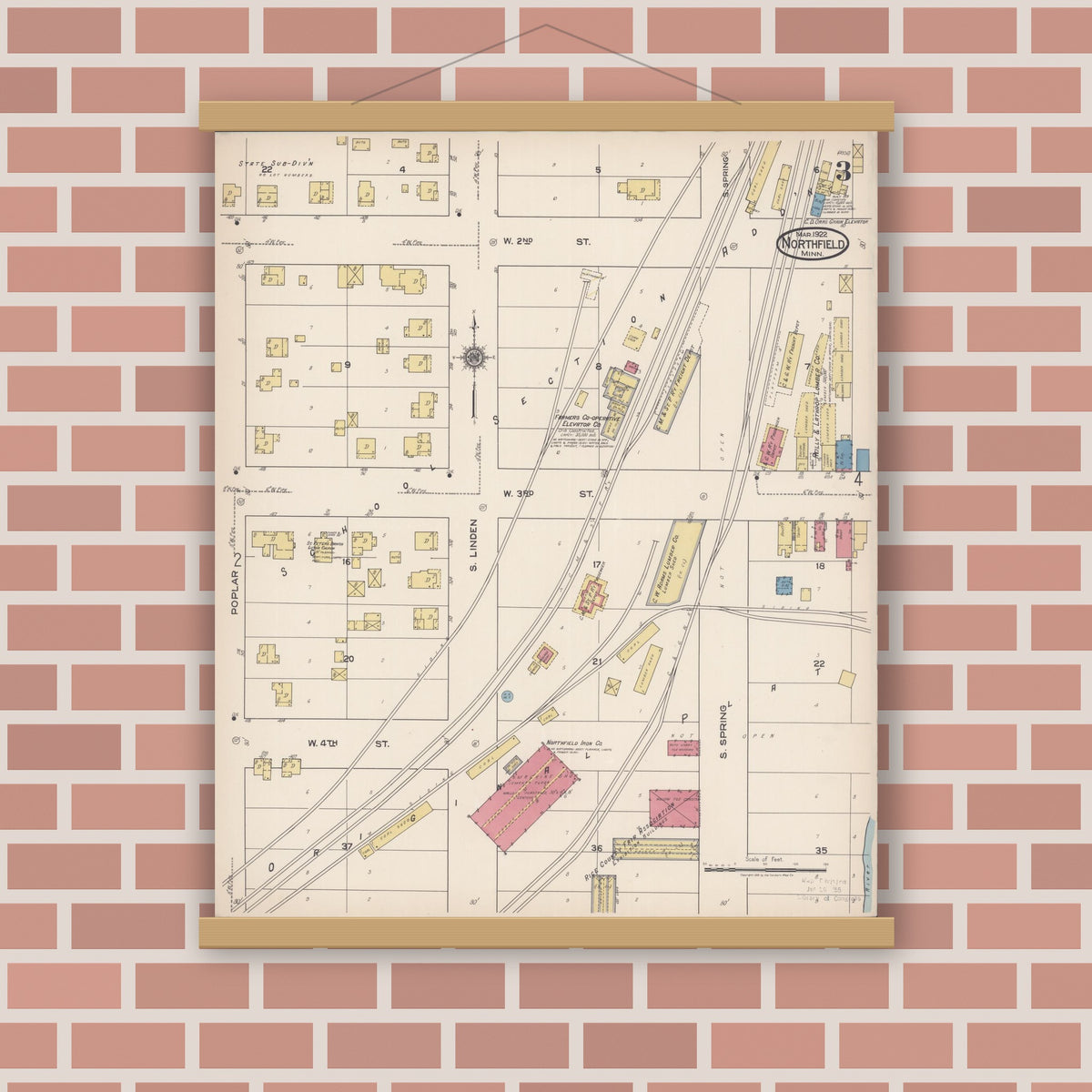 Old map wall art mockup — magnetic wood frame on brick wall — Sanborn Fire Insurance Map from Northfield, Rice County, Minnesota (1922), Sheet #0003