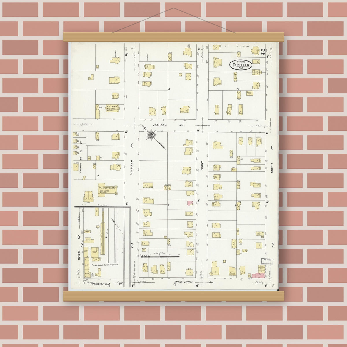 Old map wall art mockup — magnetic wood frame on brick wall — Sanborn Fire Insurance Map from Dunellen, Middlesex County, New Jersey (1910), Sheet #0002