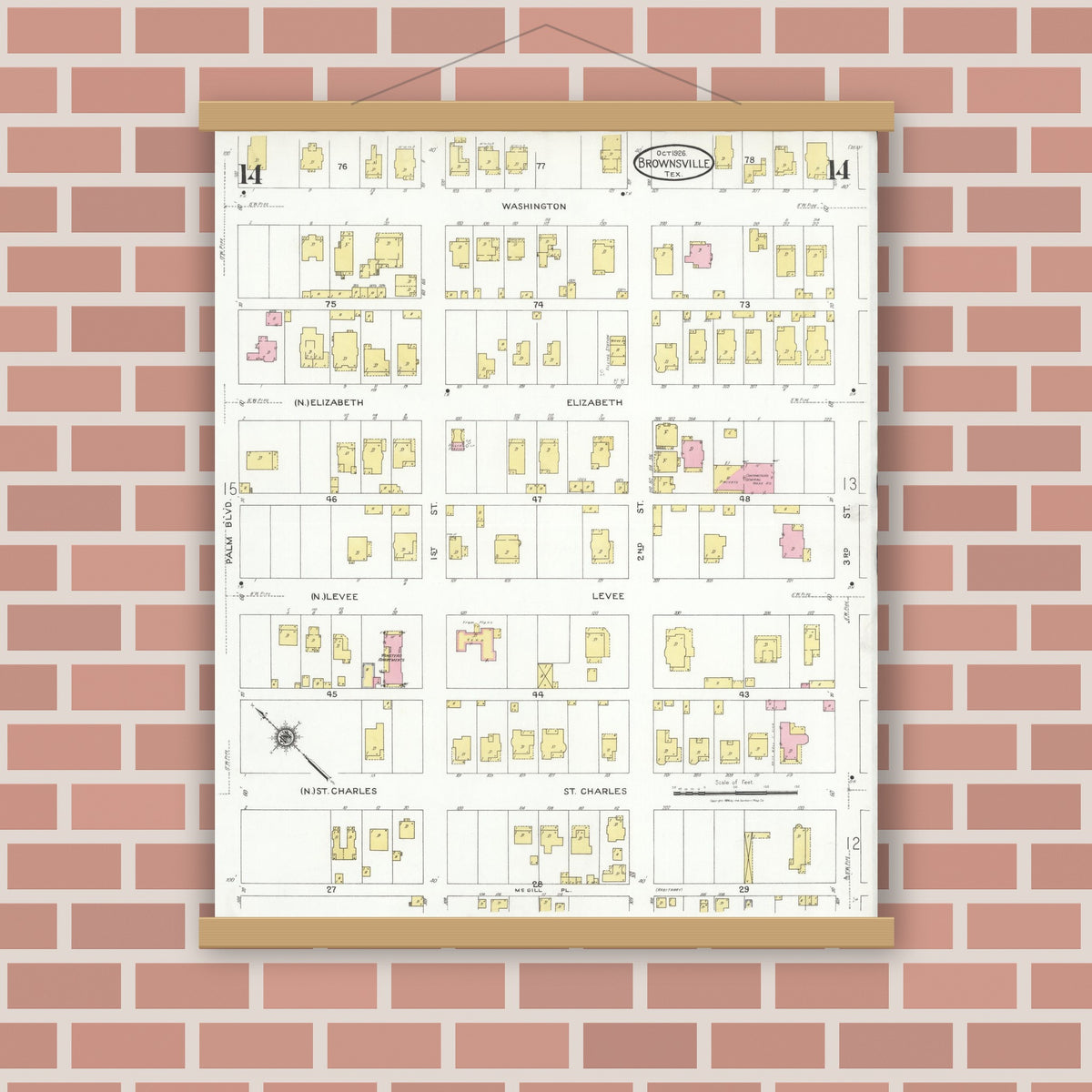 Old map wall art mockup — magnetic wood frame on brick wall — Sanborn Fire Insurance Map from Brownsville, Cameron County, Texas (1926), Sheet #0014