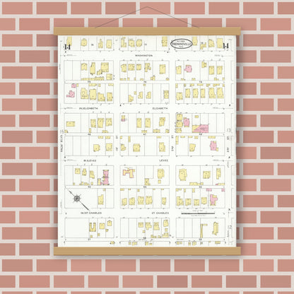 Old map wall art mockup — magnetic wood frame on brick wall — Sanborn Fire Insurance Map from Brownsville, Cameron County, Texas (1926), Sheet #0014