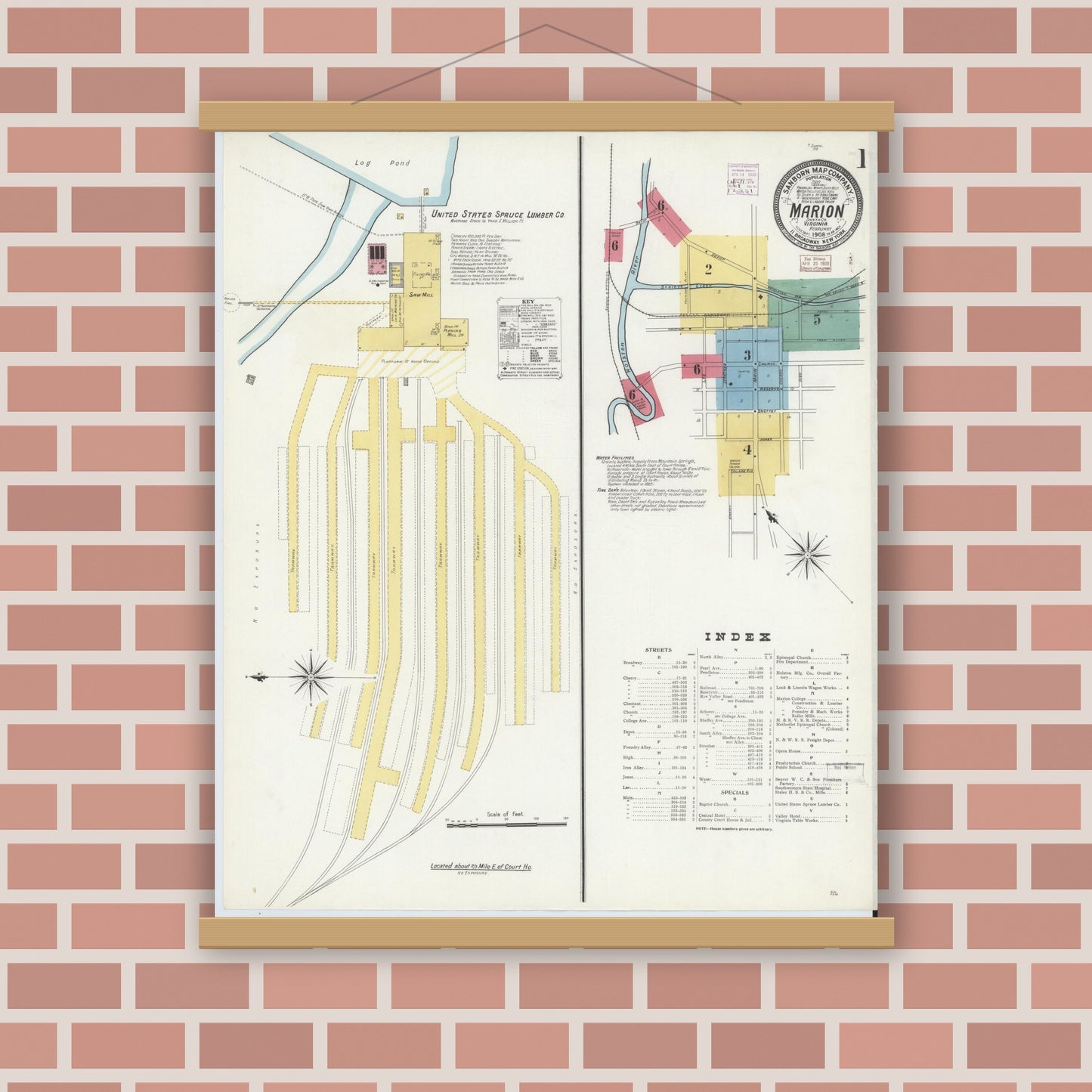 Old map wall art mockup — magnetic wood frame on brick wall — Sanborn Fire Insurance Map from Marion, Smyth County, Virginia (1908) - Complete Map Set