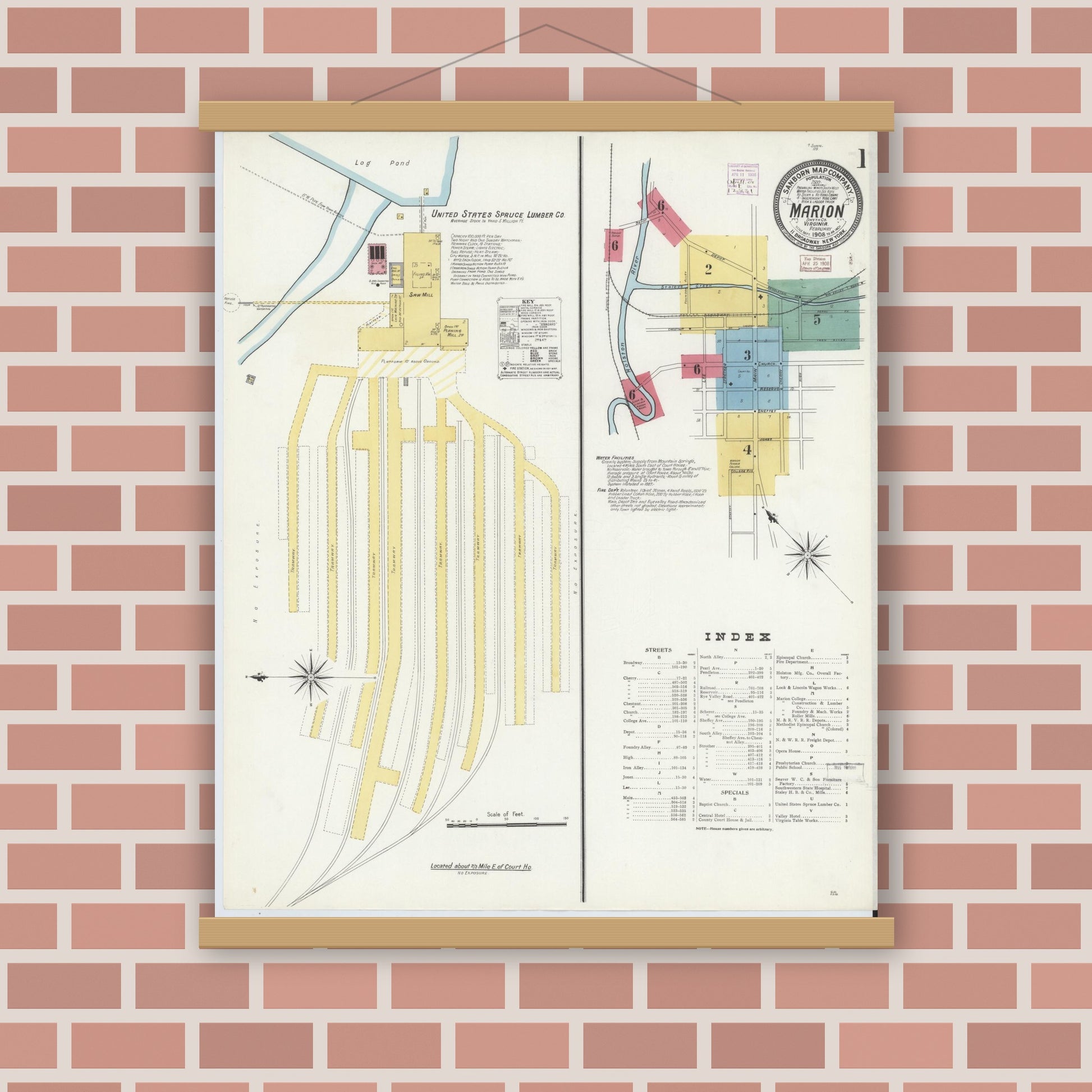 Old map wall art mockup — magnetic wood frame on brick wall — Sanborn Fire Insurance Map from Marion, Smyth County, Virginia (1908) - Complete Map Set