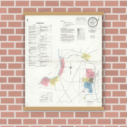 Old map wall art mockup — magnetic wood frame on brick wall — Sanborn Fire Insurance Map from Angola, Erie County, New York (1933), Sheet #0001
