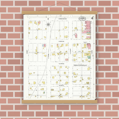 Old map wall art mockup — magnetic wood frame on brick wall — Sanborn Fire Insurance Map from Sigourney, Kiokuk County, Iowa (1899), Sheet #0004