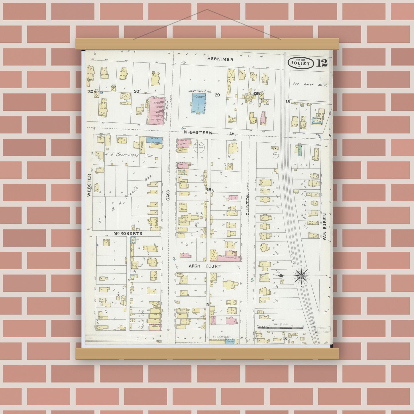 Old map wall art mockup — magnetic wood frame on brick wall — Sanborn Fire Insurance Map from Joliet, Will County, Illinois (1891), Sheet #0012