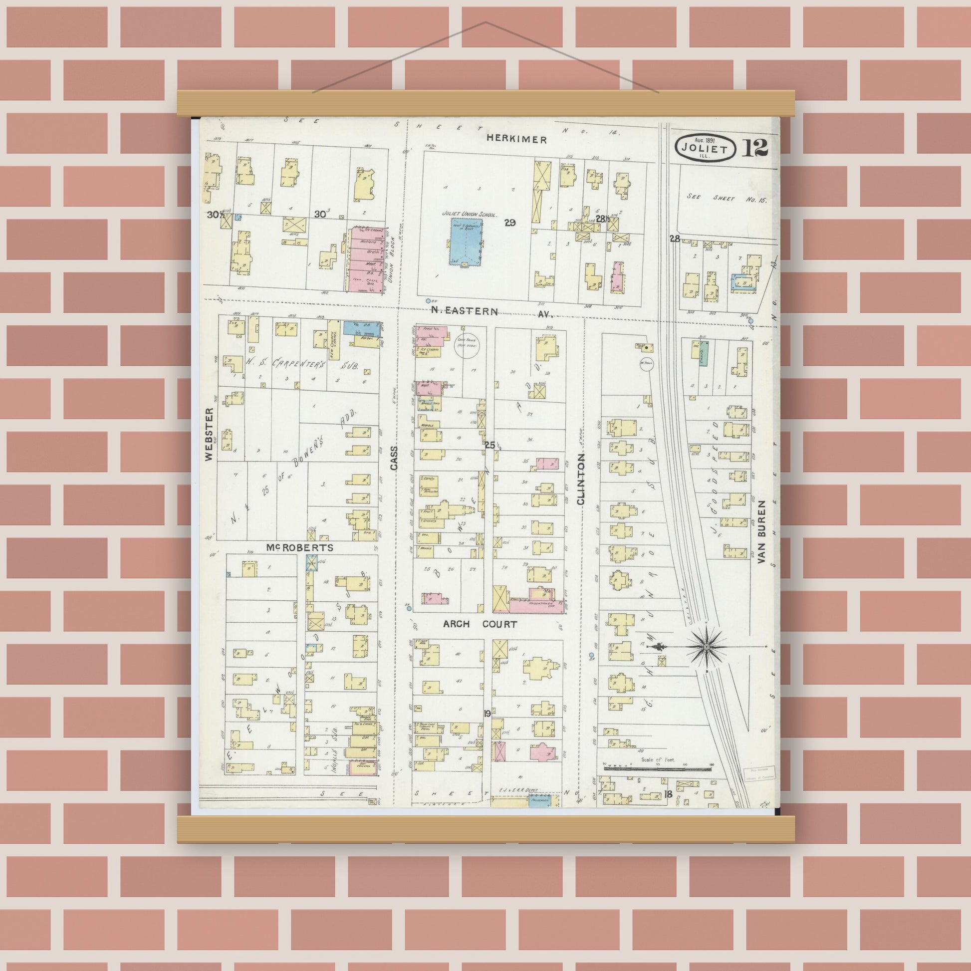 Old map wall art mockup — magnetic wood frame on brick wall — Sanborn Fire Insurance Map from Joliet, Will County, Illinois (1891), Sheet #0012