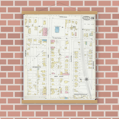 Old map wall art mockup — magnetic wood frame on brick wall — Sanborn Fire Insurance Map from Joliet, Will County, Illinois (1891), Sheet #0012