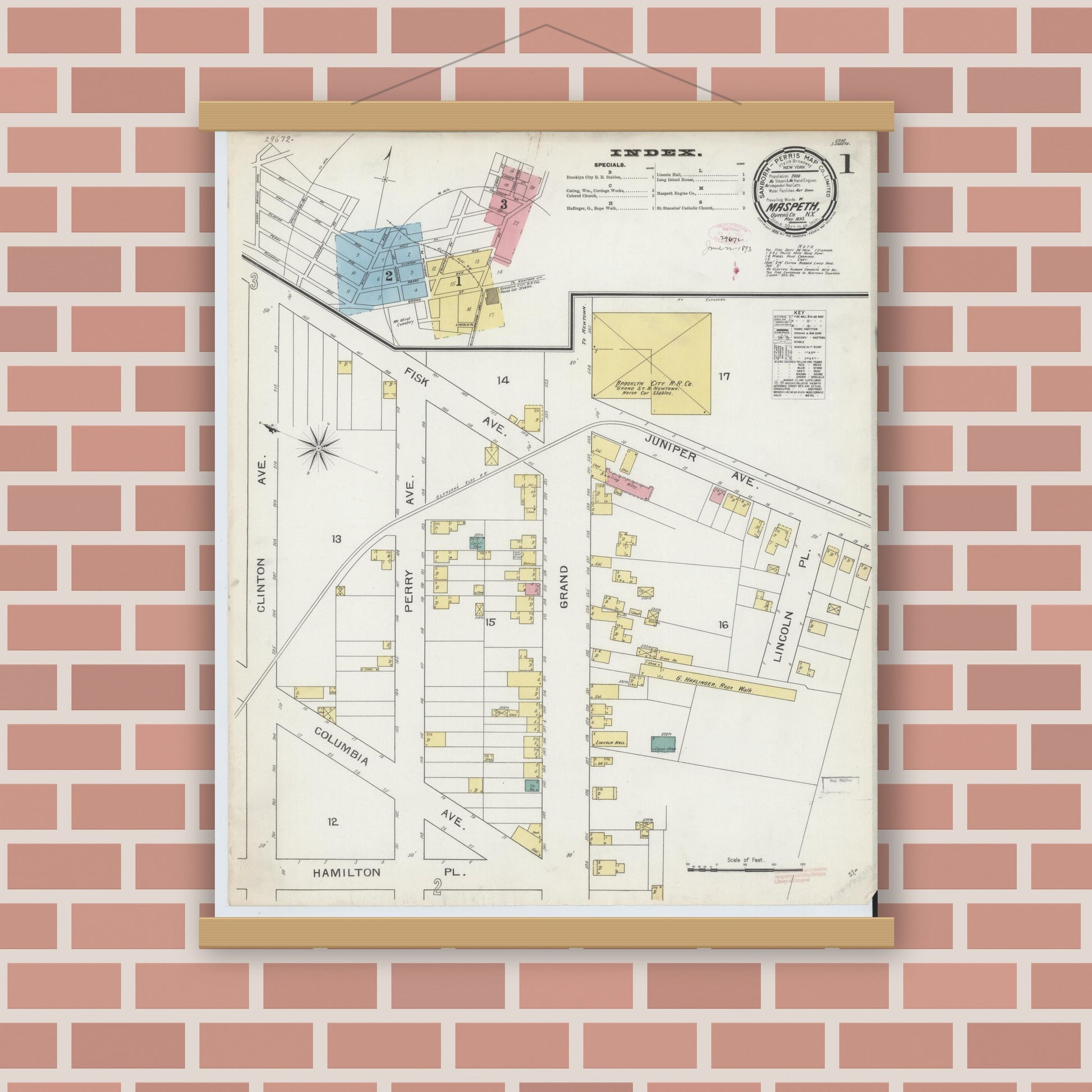 Old map wall art mockup — magnetic wood frame on brick wall — Sanborn Fire Insurance Map from Maspeth, Queens County, New York (1893) - Complete Map Set