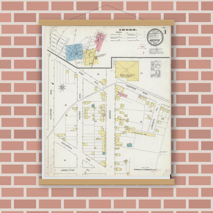Old map wall art mockup — magnetic wood frame on brick wall — Sanborn Fire Insurance Map from Maspeth, Queens County, New York (1893) - Complete Map Set
