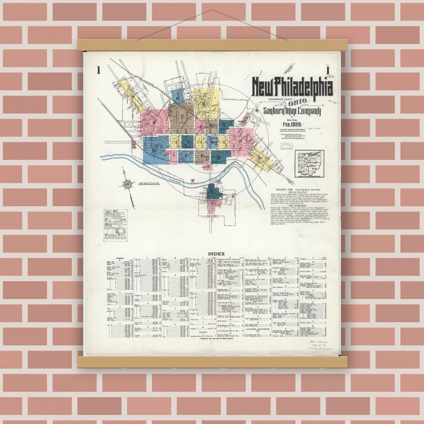 Old map wall art mockup — magnetic wood frame on brick wall — Sanborn Fire Insurance Map from New Philadelphia, Tuscarawas County, Ohio (1926) - Complete Map Set