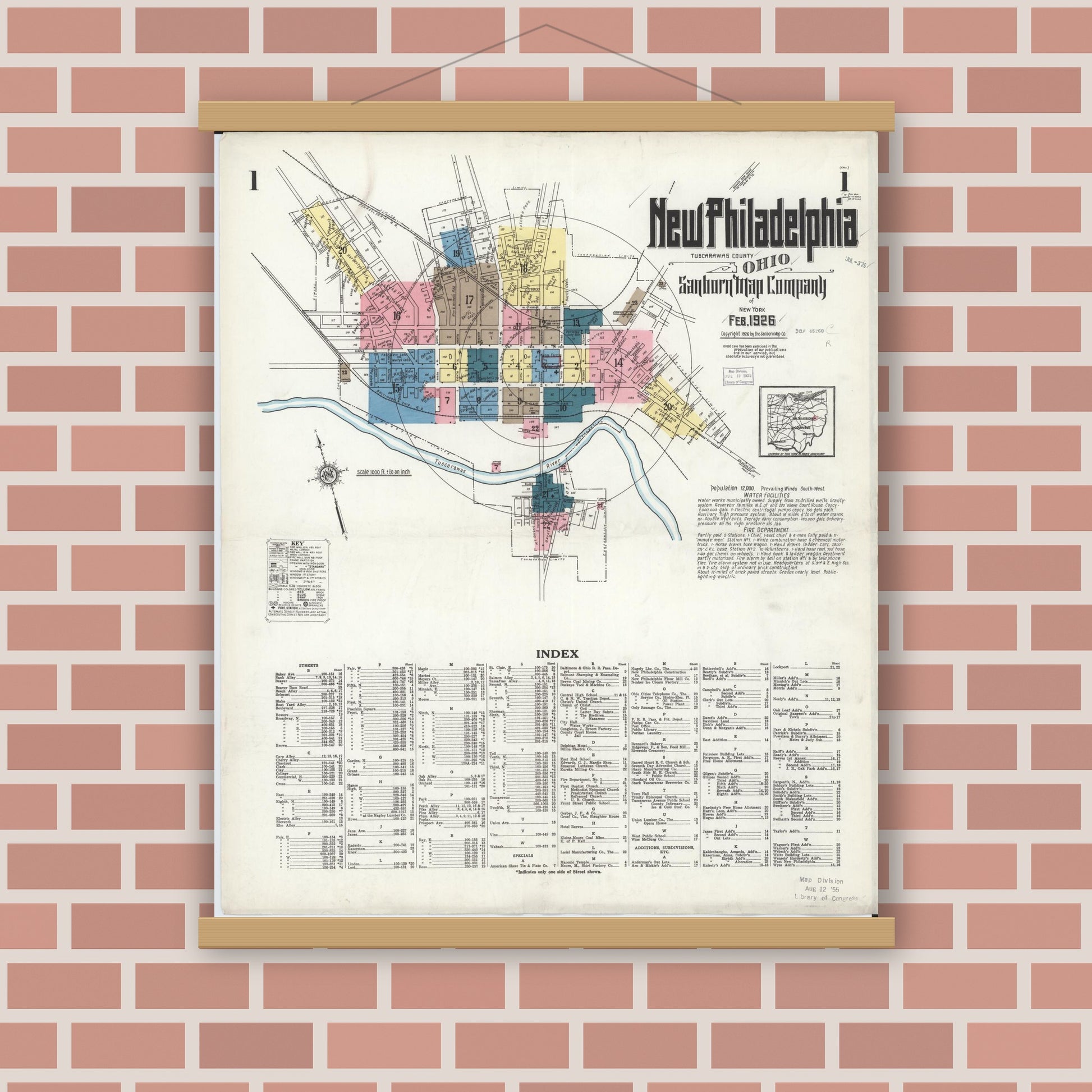 Old map wall art mockup — magnetic wood frame on brick wall — Sanborn Fire Insurance Map from New Philadelphia, Tuscarawas County, Ohio (1926) - Complete Map Set