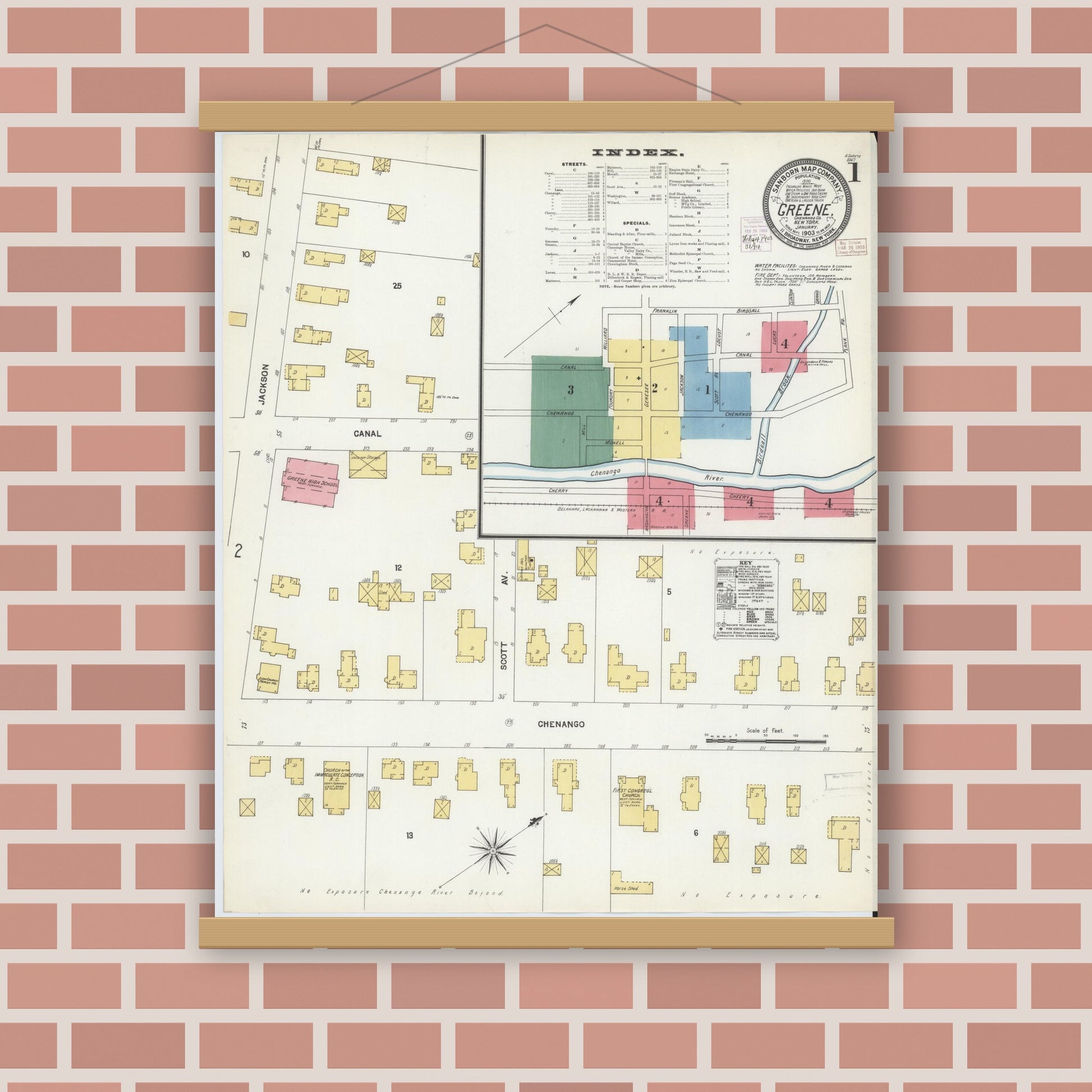 Old map wall art mockup — magnetic wood frame on brick wall — Sanborn Fire Insurance Map from Greene, Chenango County, New York (1903) - Complete Map Set