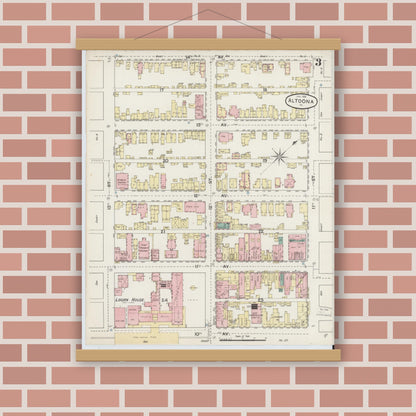 Old map wall art mockup — magnetic wood frame on brick wall — Sanborn Fire Insurance Map from Altoona, Blair County, Pennsylvania (1888), Sheet #0003