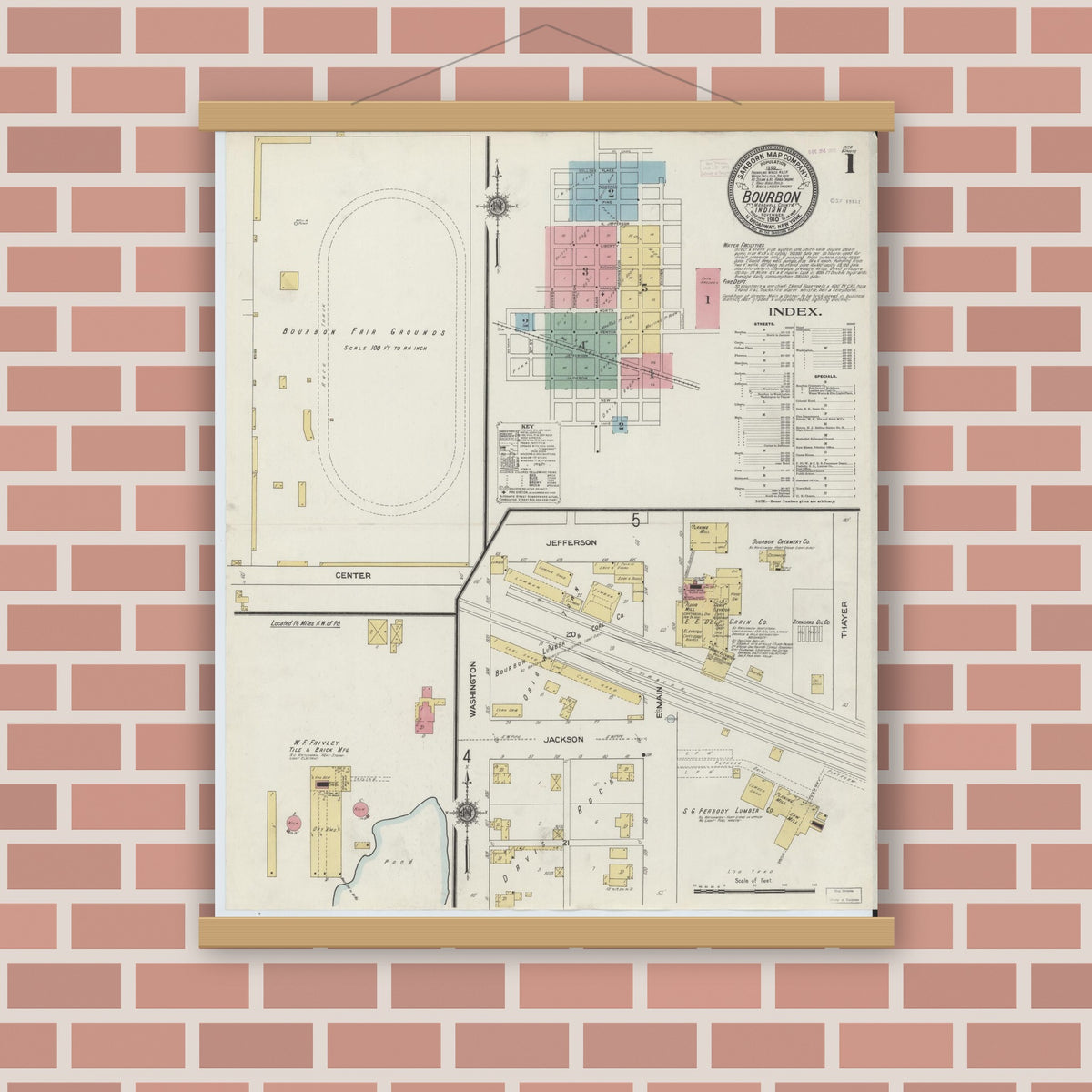 Old map wall art mockup — magnetic wood frame on brick wall — Sanborn Fire Insurance Map from Bourbon, Marshall County, Indiana (1910) - Complete Map Set