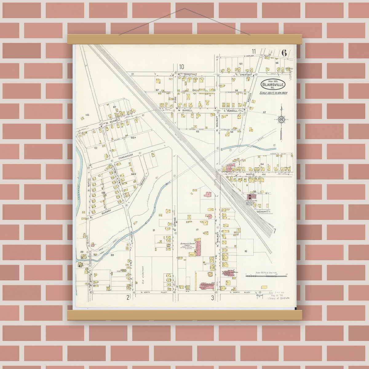 Old map wall art mockup — magnetic wood frame on brick wall — Sanborn Fire Insurance Map from Blairsville, Indiana County, Pennsylvania (1915), Sheet #0006