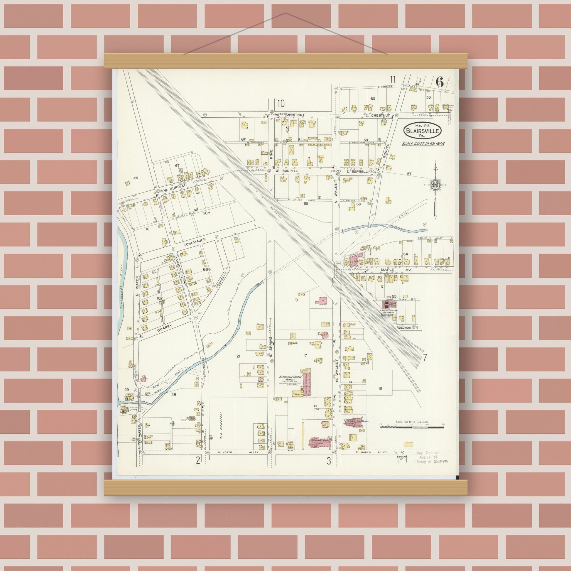 Old map wall art mockup — magnetic wood frame on brick wall — Sanborn Fire Insurance Map from Blairsville, Indiana County, Pennsylvania (1915), Sheet #0006