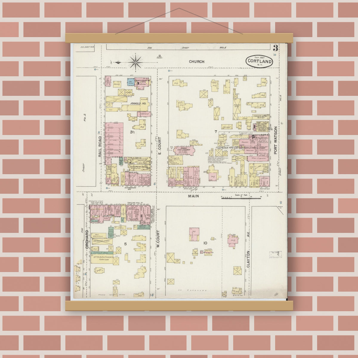 Old map wall art mockup — magnetic wood frame on brick wall — Sanborn Fire Insurance Map from Cortland, Cortland County, New York (1887), Sheet #0003