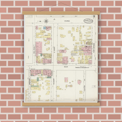 Old map wall art mockup — magnetic wood frame on brick wall — Sanborn Fire Insurance Map from Cortland, Cortland County, New York (1887), Sheet #0003