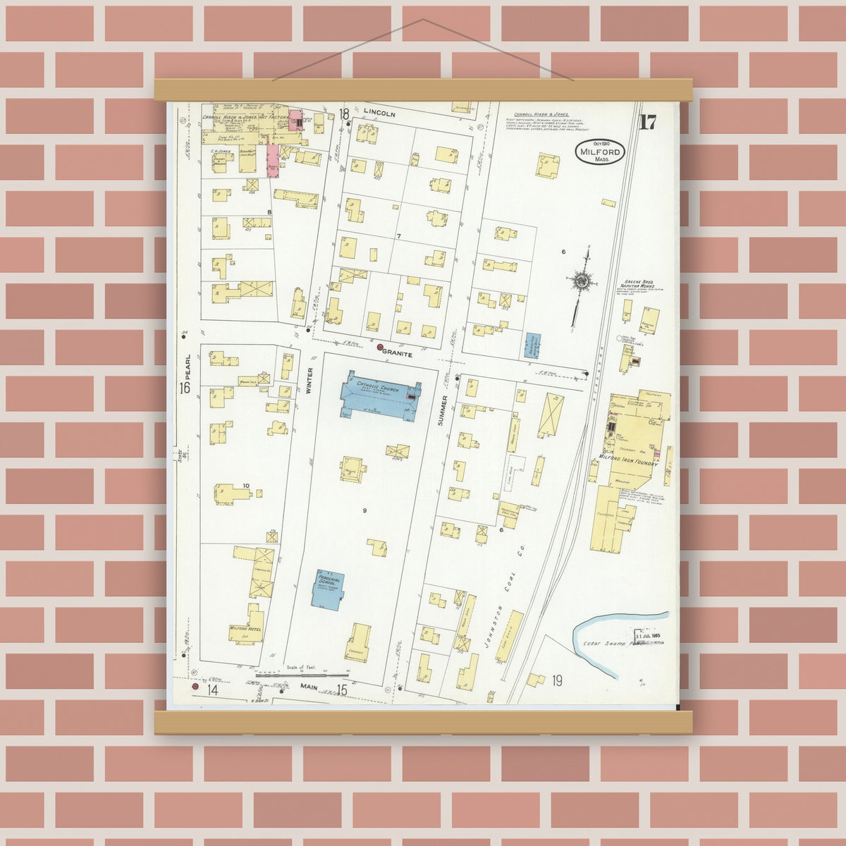 Old map wall art mockup — magnetic wood frame on brick wall — Sanborn Fire Insurance Map from Milford, Worcester County, Massachusetts (1910), Sheet #0017