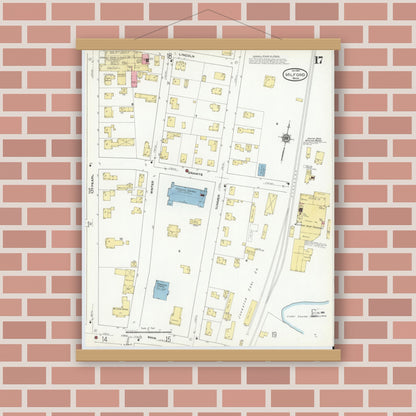 Old map wall art mockup — magnetic wood frame on brick wall — Sanborn Fire Insurance Map from Milford, Worcester County, Massachusetts (1910), Sheet #0017