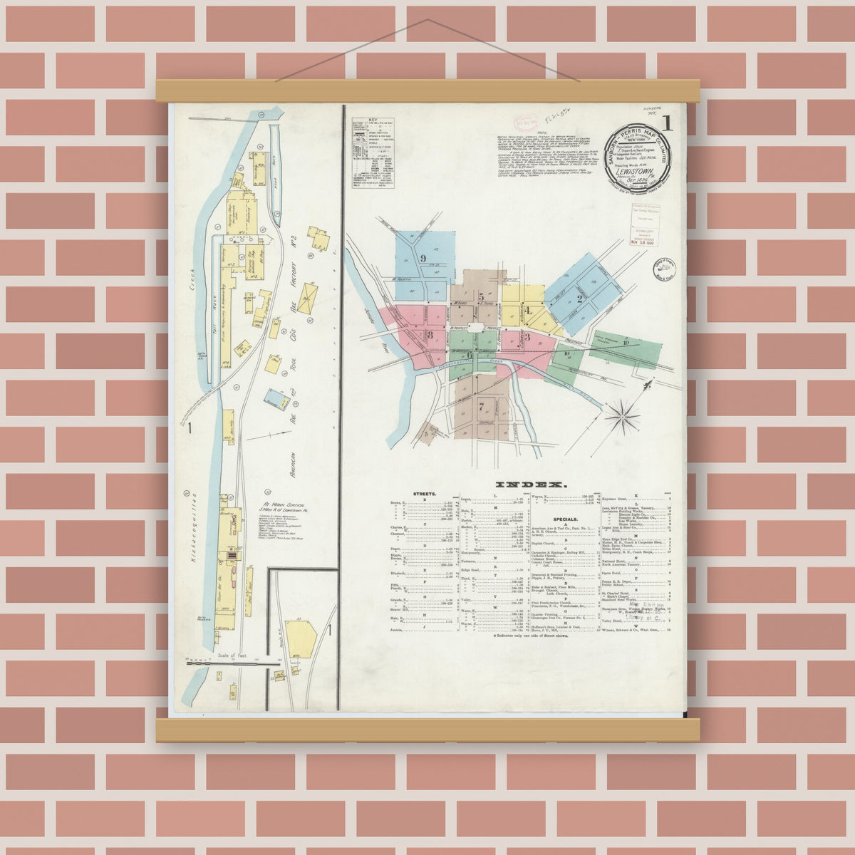 Old map wall art mockup — magnetic wood frame on brick wall — Sanborn Fire Insurance Map from Lewistown, Mifflin County, Pennsylvania (1896), Sheet #0001