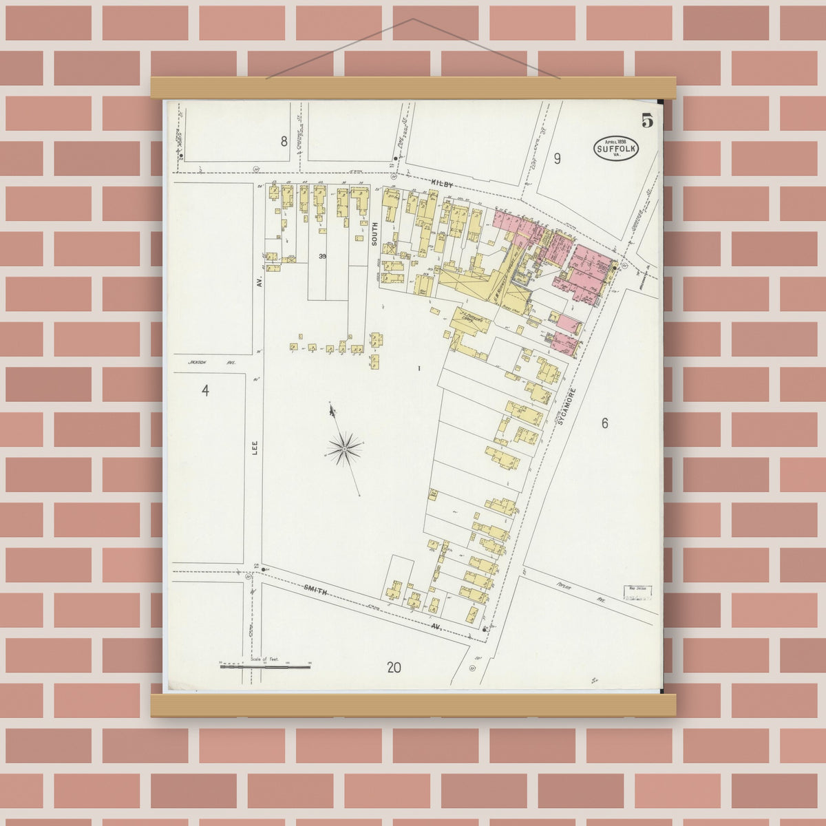 Old map wall art mockup — magnetic wood frame on brick wall — Sanborn Fire Insurance Map from Suffolk, Independent Cities, Virginia (1898), Sheet #0005