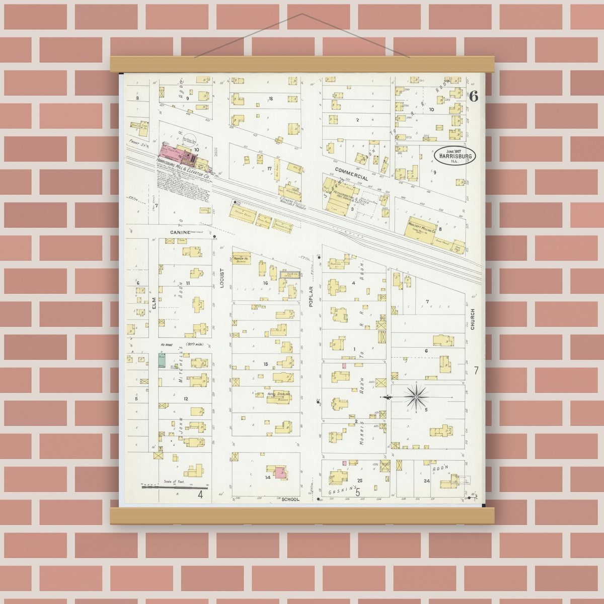 Old map wall art mockup — magnetic wood frame on brick wall — Sanborn Fire Insurance Map from Harrisburg, Saline County, Illinois (1907), Sheet #0006