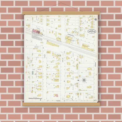 Old map wall art mockup — magnetic wood frame on brick wall — Sanborn Fire Insurance Map from Harrisburg, Saline County, Illinois (1907), Sheet #0006