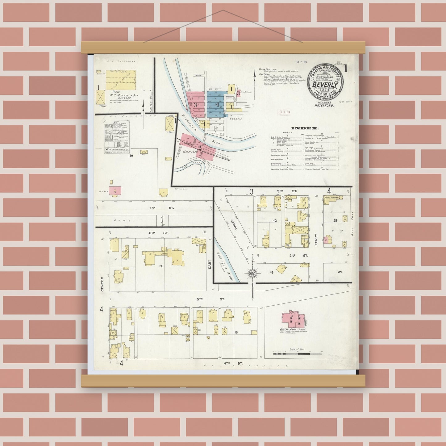 Old map wall art mockup — magnetic wood frame on brick wall — Sanborn Fire Insurance Map from Beverly, Washington County, Ohio (1911) - Complete Map Set