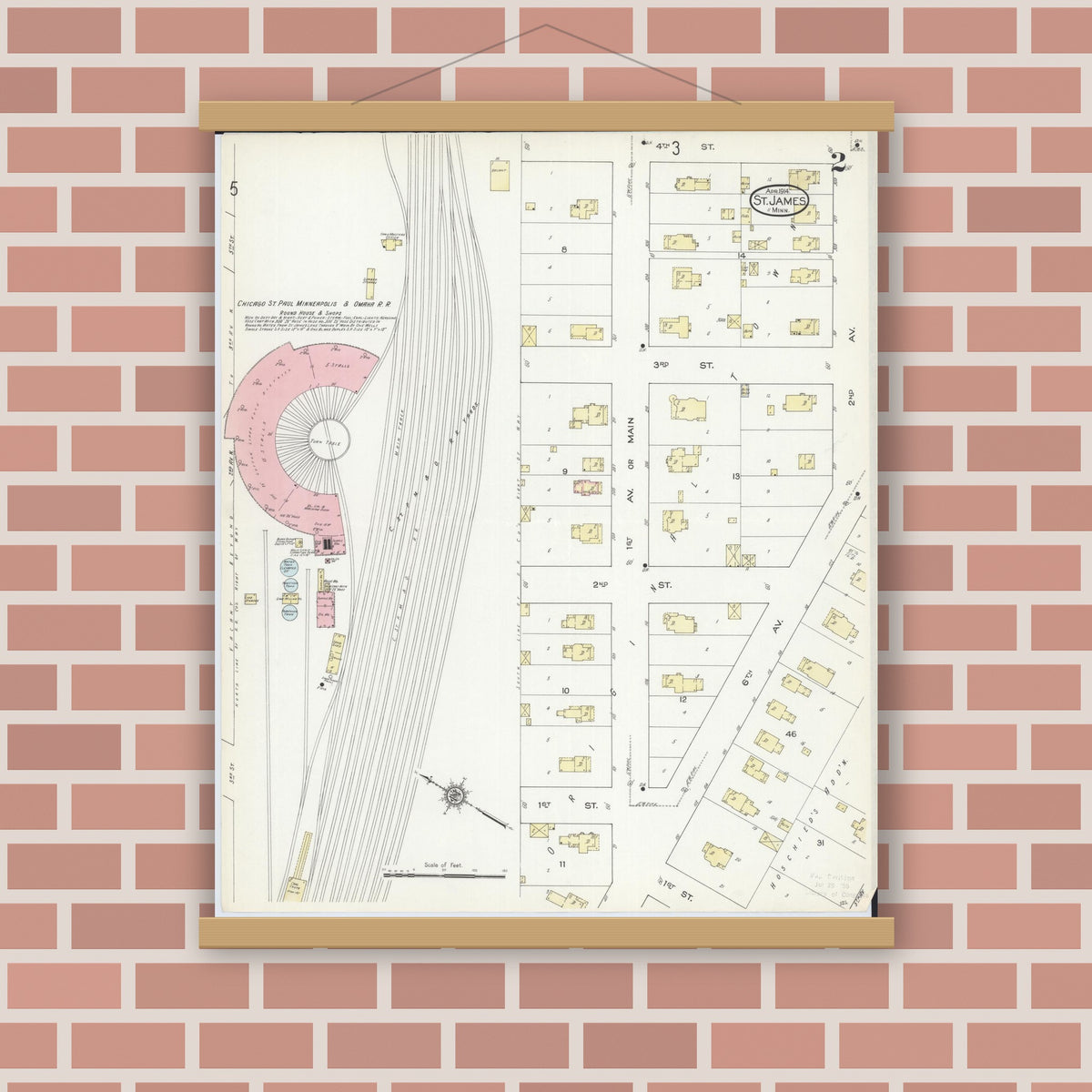 Old map wall art mockup — magnetic wood frame on brick wall — Sanborn Fire Insurance Map from Saint James, Watonwan County, Minnesota (1914), Sheet #0002
