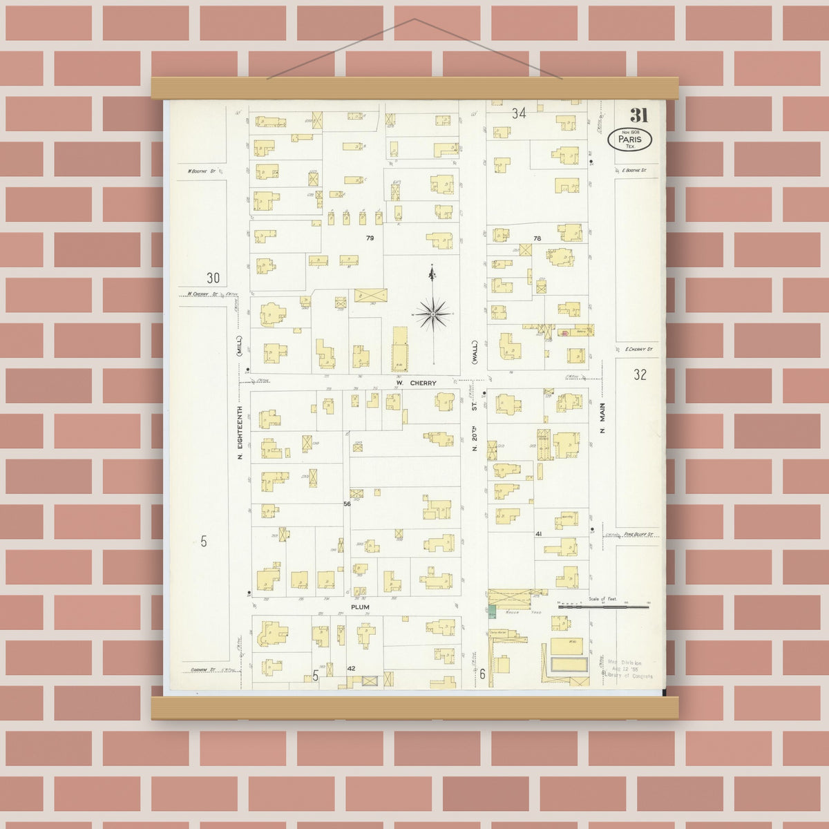 Old map wall art mockup — magnetic wood frame on brick wall — Sanborn Fire Insurance Map from Paris, Lamar County, Texas (1908), Sheet #0031