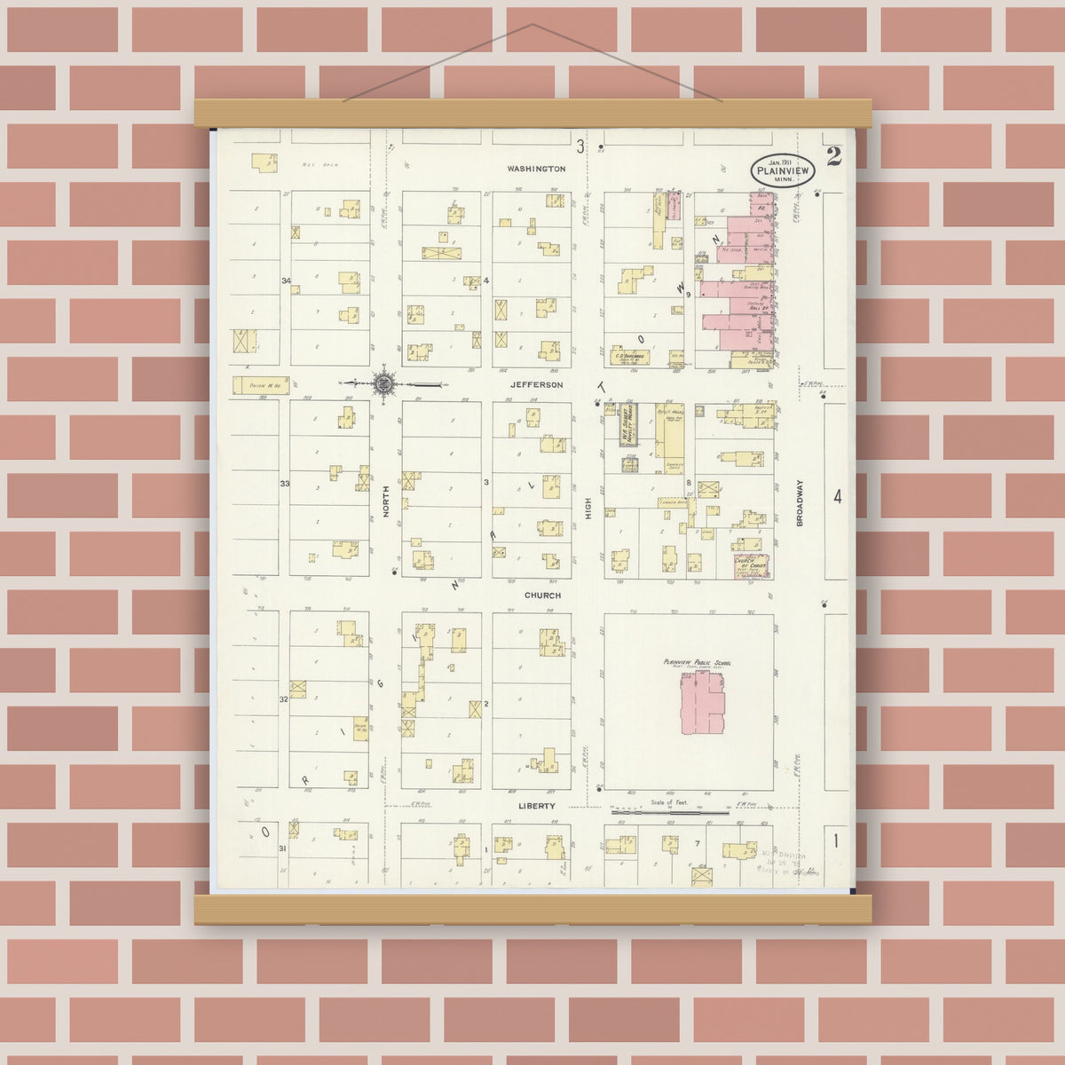 Old map wall art mockup — magnetic wood frame on brick wall — Sanborn Fire Insurance Map from Plainview, Wabasha County, Minnesota (1911), Sheet #0002