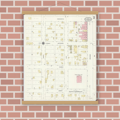 Old map wall art mockup — magnetic wood frame on brick wall — Sanborn Fire Insurance Map from Plainview, Wabasha County, Minnesota (1911), Sheet #0002