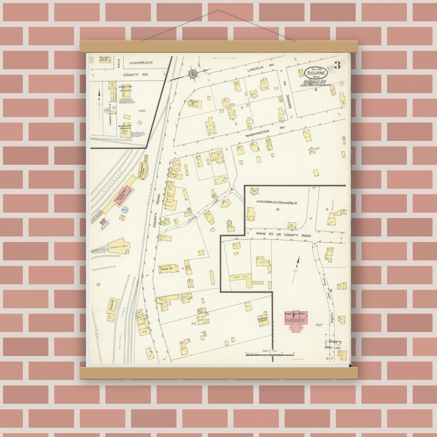 Old map wall art mockup — magnetic wood frame on brick wall — Sanborn Fire Insurance Map from Bourne, Barnstable County, Massachusetts (1913), Sheet #0003