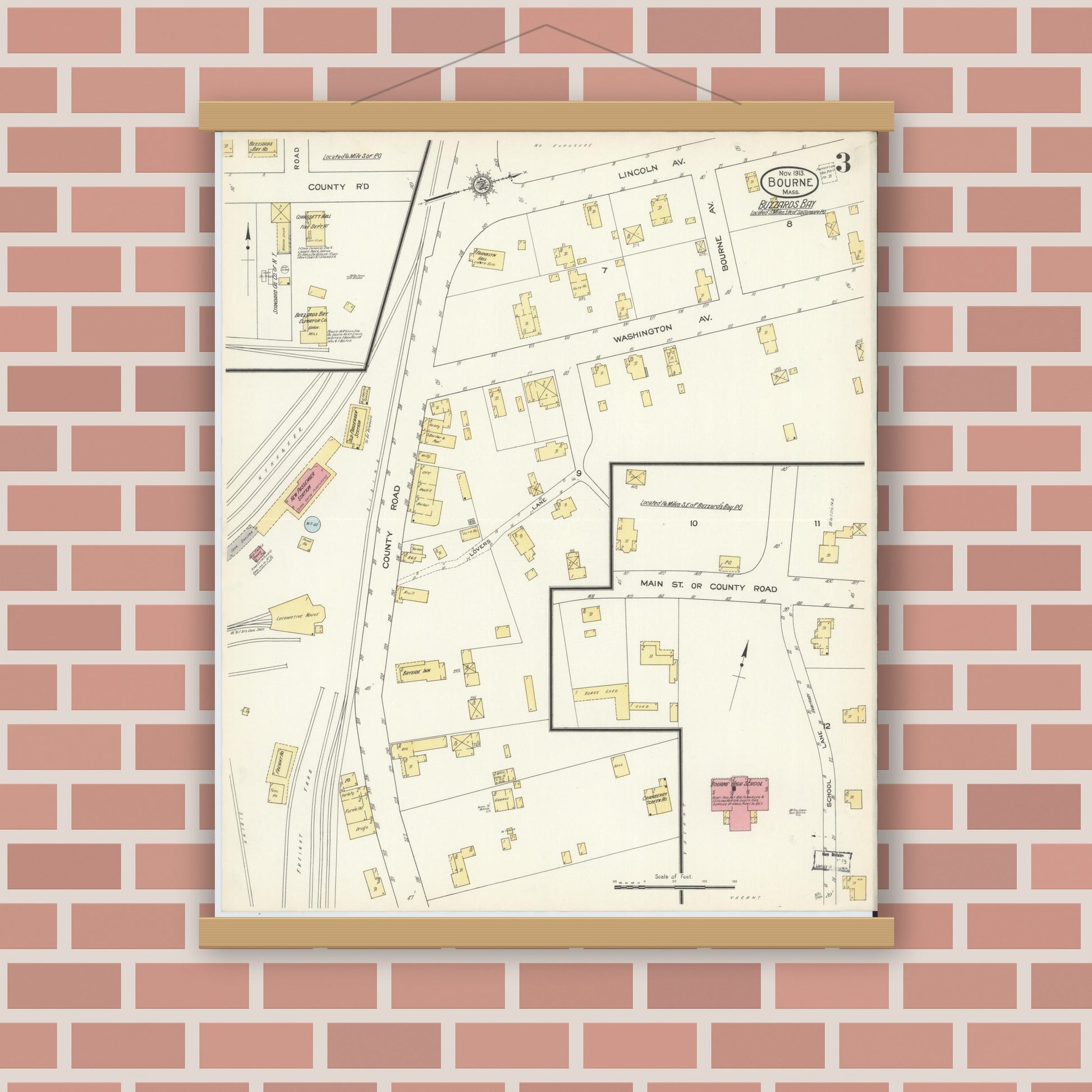 Old map wall art mockup — magnetic wood frame on brick wall — Sanborn Fire Insurance Map from Bourne, Barnstable County, Massachusetts (1913), Sheet #0003