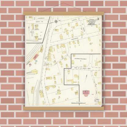 Old map wall art mockup — magnetic wood frame on brick wall — Sanborn Fire Insurance Map from Bourne, Barnstable County, Massachusetts (1913), Sheet #0003