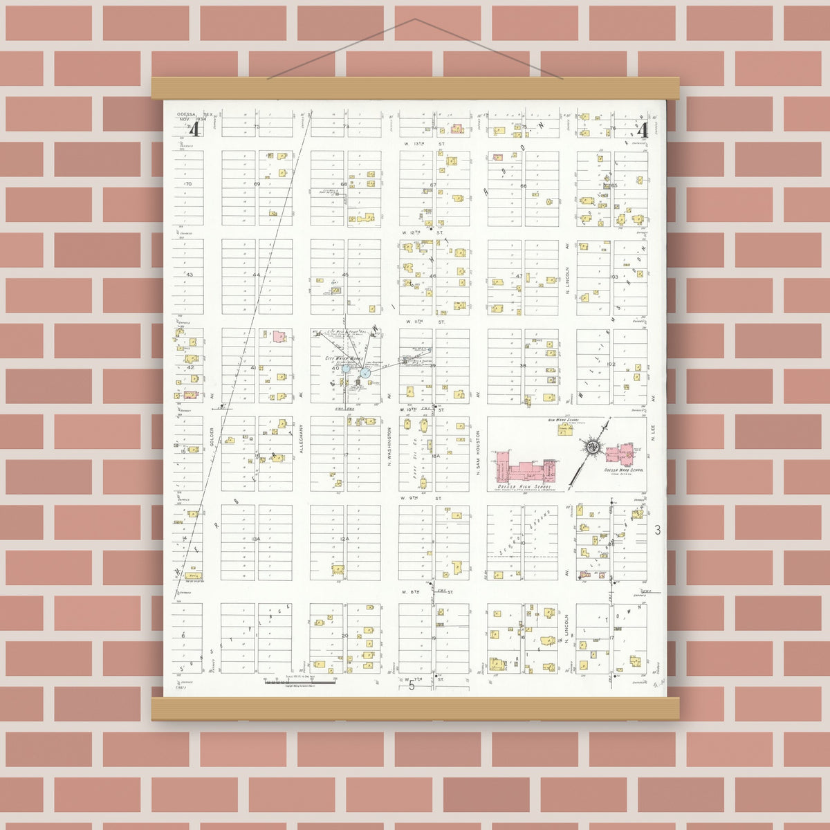 Old map wall art mockup — magnetic wood frame on brick wall — Sanborn Fire Insurance Map from Odessa, Edger County, Texas (1934), Sheet #0004