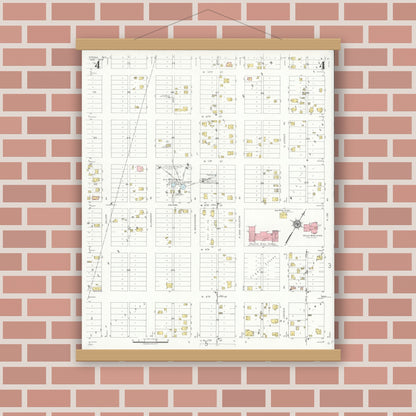 Old map wall art mockup — magnetic wood frame on brick wall — Sanborn Fire Insurance Map from Odessa, Edger County, Texas (1934), Sheet #0004