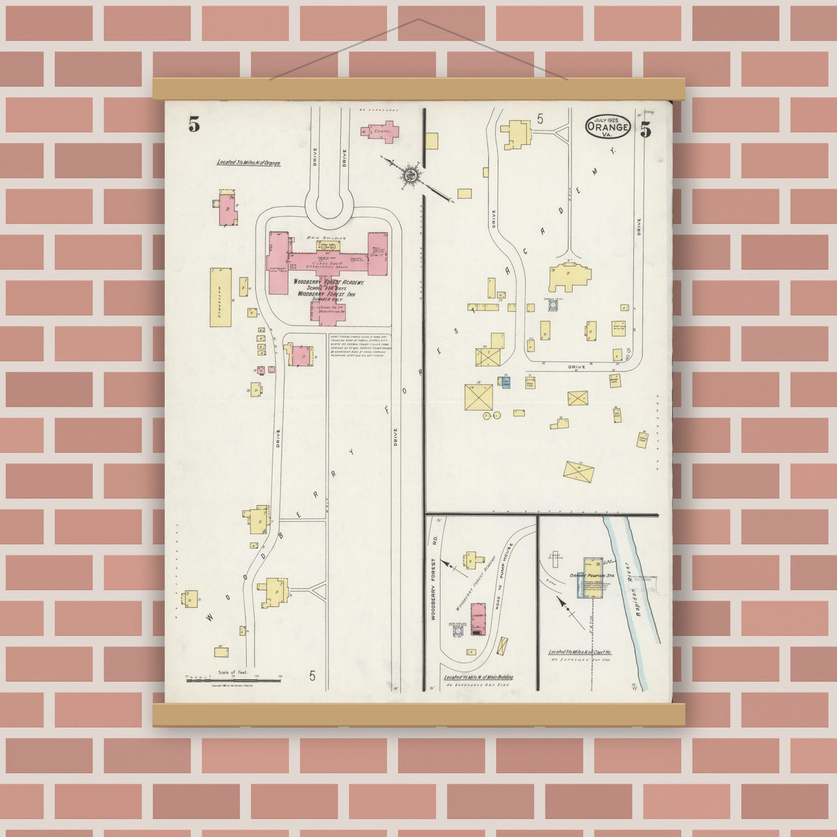 Old map wall art mockup — magnetic wood frame on brick wall — Sanborn Fire Insurance Map from Orange, Orange County, Virginia (1925), Sheet #0005