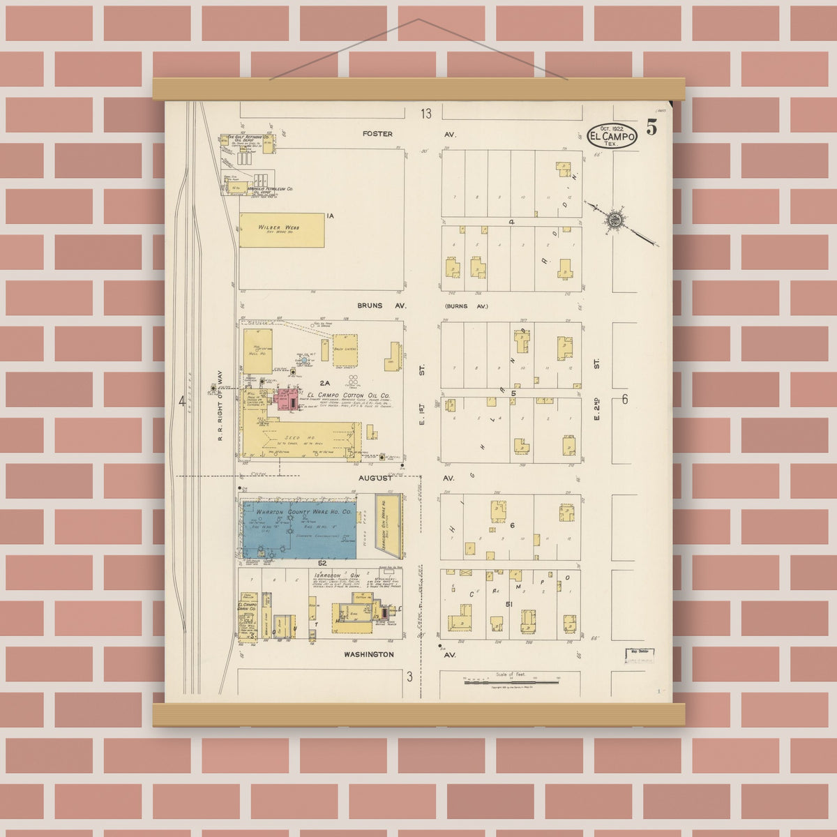 Old map wall art mockup — magnetic wood frame on brick wall — Sanborn Fire Insurance Map from El Campo, Wharton County, Texas (1922), Sheet #0005