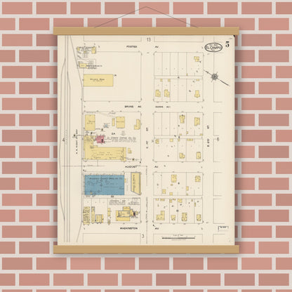 Old map wall art mockup — magnetic wood frame on brick wall — Sanborn Fire Insurance Map from El Campo, Wharton County, Texas (1922), Sheet #0005